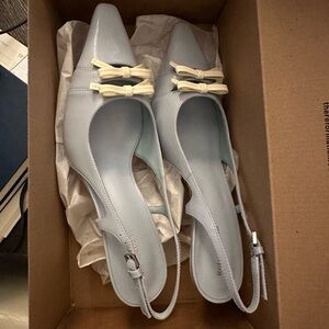 Reformation Light Blue Slingback Heels with Cream Bows